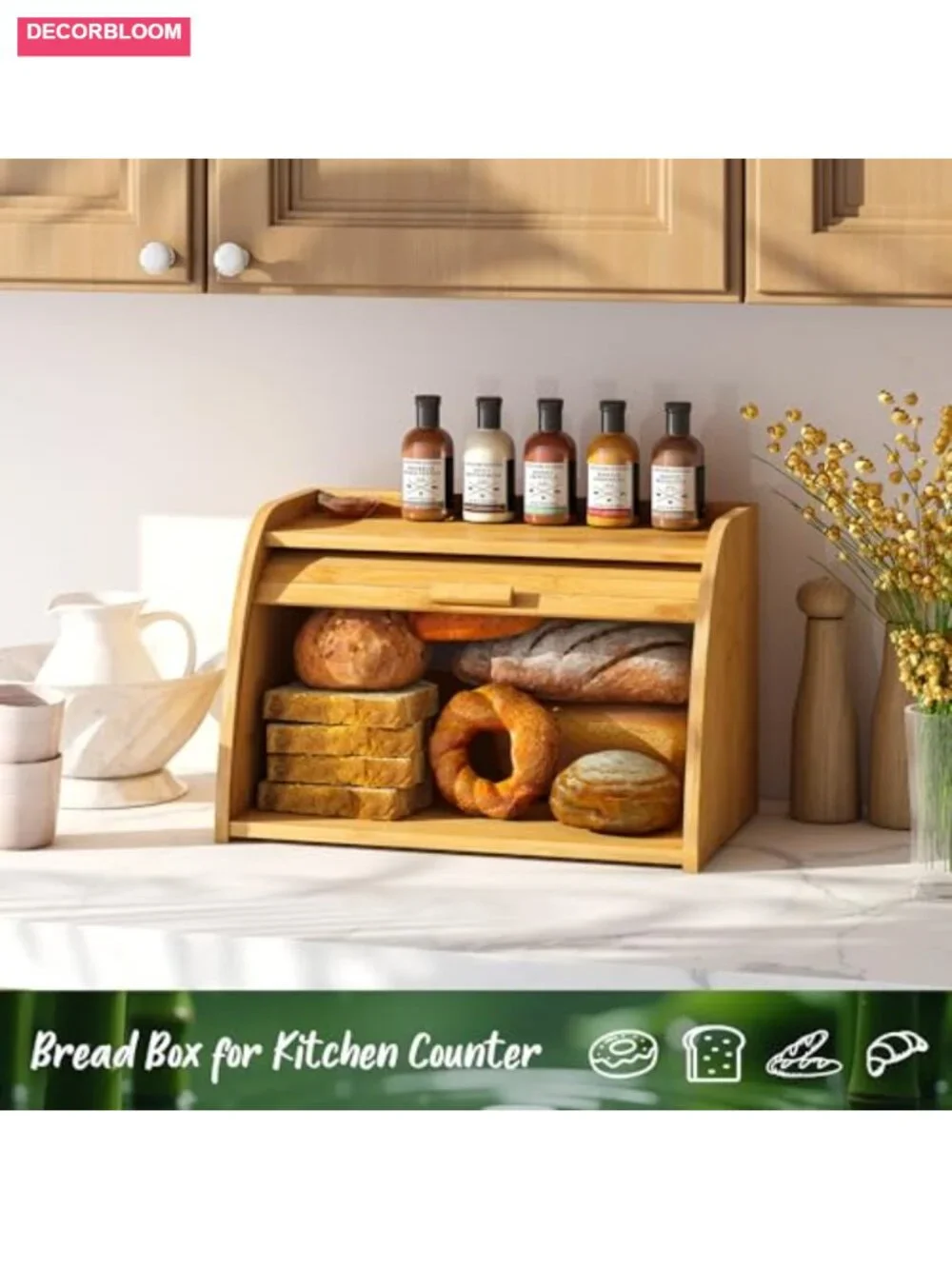 Bamboo Wood Bread Box for Kitchen Countertop, Large Storage Container